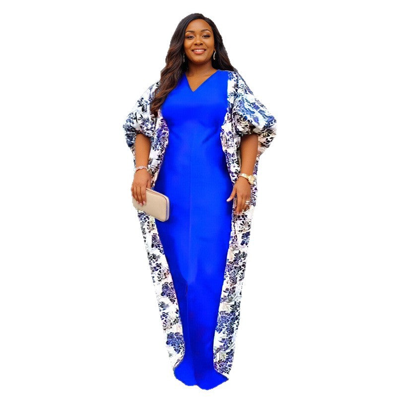 Cross-Border Aliexpress Plus-Size Women's Ethnic Style Robe African Amazon Color-Blocking Printed Dress 9038