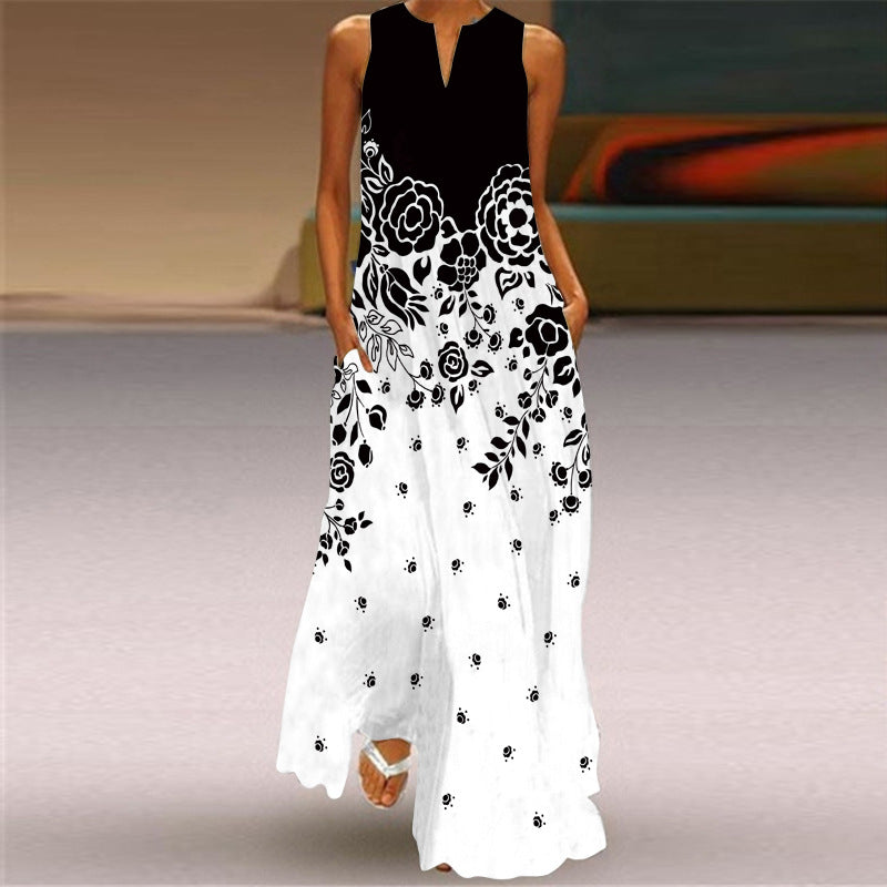2026 Summer Independent Brand New European and American Retro Print Long Dress V-Neck Multi-Color Long Sexy Sleeveless Dress
