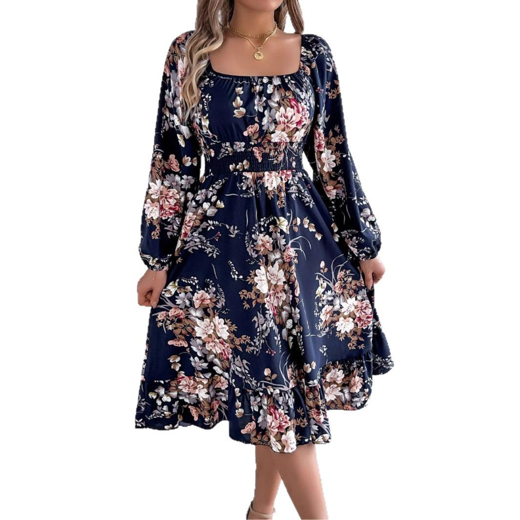 Real shot spring and summer European and American elegant flower square collar long sleeve waist ruffled A- line skirt independent station cross-border women's clothing