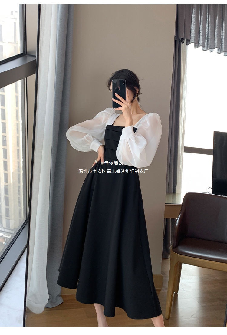 Long-sleeved Black Fried Street Hao Benfeng dress Women's New Spring and Autumn Stitching Square Collar French Skirt Vintage A- line Skirt