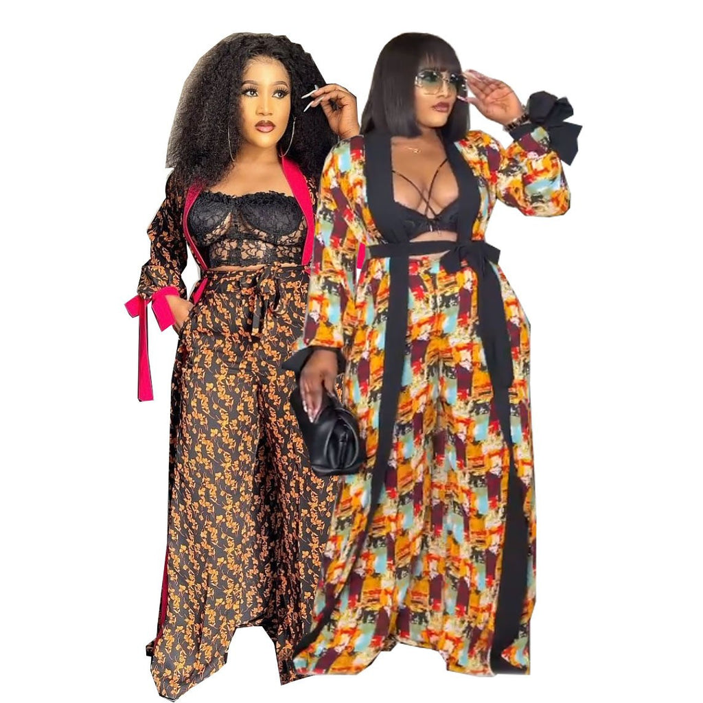 European and American African Digital Print Suit Cape Robe with Printed Loose Wide-Leg Pants and Belt Special Offer