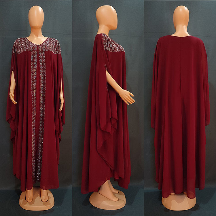 Cross-Border African, European, and American Dresses, Robes, Pearl Chiffon, Heavy-Duty Rhinestone Embellishments, Factory Direct + Inner Skirt