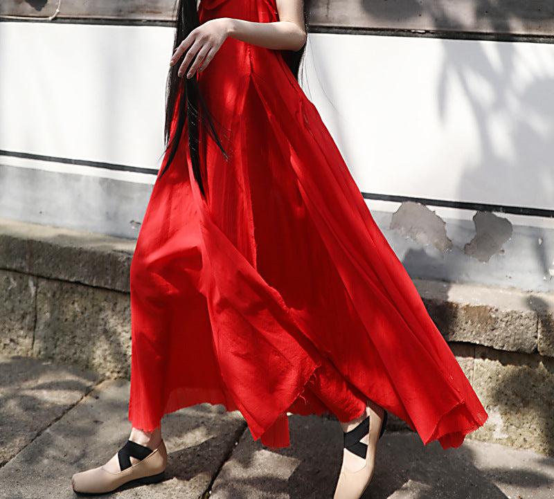 Raw Edge, Large Hem, Pure Cotton, Casual and Flowing Dress in 4 Colors, Artistic Retro High-Quality Cotton and Linen Material Dress