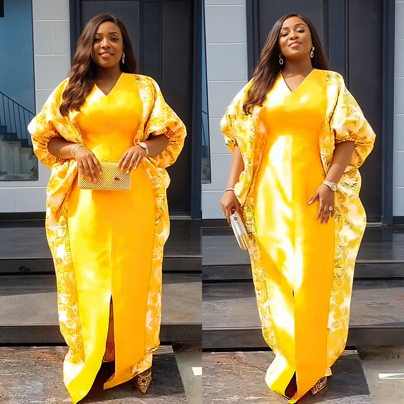 Cross-Border Aliexpress Plus-Size Women's Ethnic Style Robe African Amazon Color-Blocking Printed Dress 9038