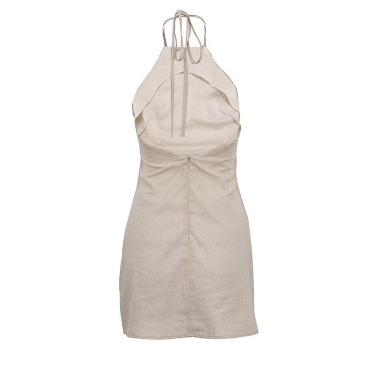 European and American Cross-border Wearing Sexy Hot Girl Women's Skirt Short Backless Cotton and Linen dress Neck Design Lace-up A- line Skirt