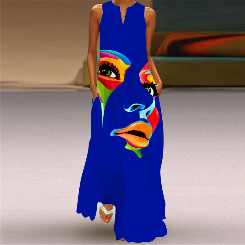 2026 Summer Independent Brand New European and American Retro Print Long Dress V-Neck Multi-Color Long Sexy Sleeveless Dress