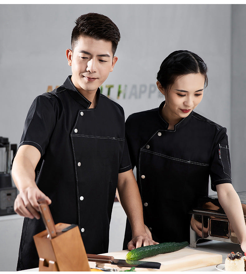 High-End Blue Chef Work Clothes Men's Short-Sleeved Summer Hotel Chef Clothing Women's Breathable Mesh Catering Kitchen Long-Sleeved