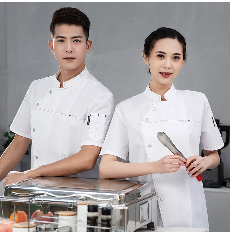 High-End Blue Chef Work Clothes Men's Short-Sleeved Summer Hotel Chef Clothing Women's Breathable Mesh Catering Kitchen Long-Sleeved