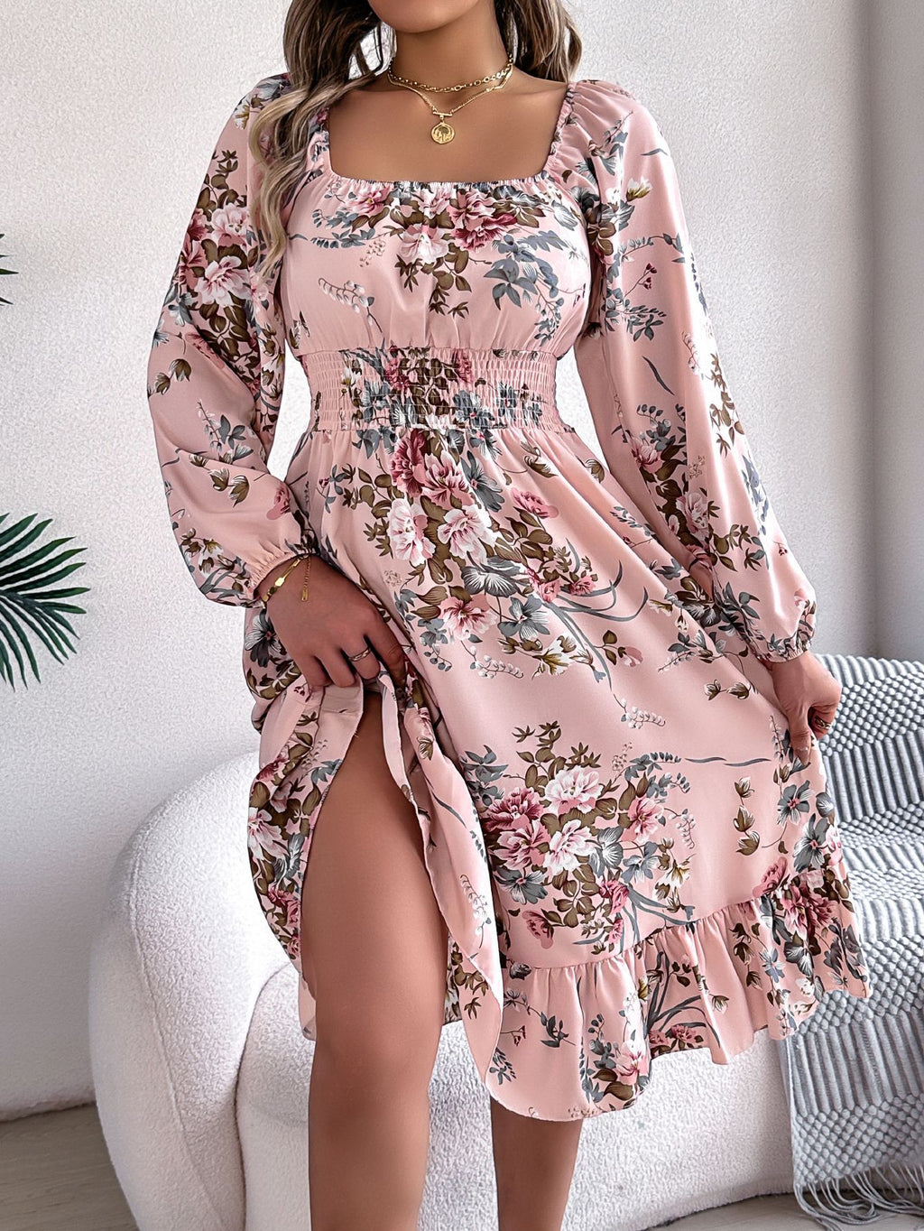 Real shot spring and summer European and American elegant flower square collar long sleeve waist ruffled A- line skirt independent station cross-border women's clothing