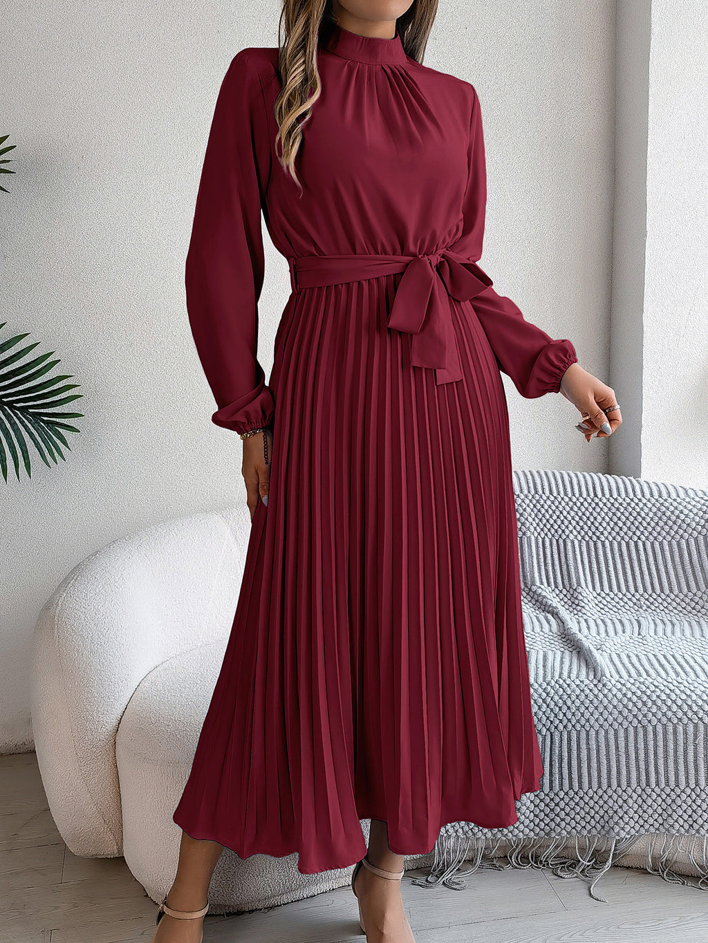 2026 European and American Spring/Summer Elegant Stand Collar Long Sleeve Waist-Cinched Pleated Long Dress Mini Dress Amazon Cross-Border Women's Clothing