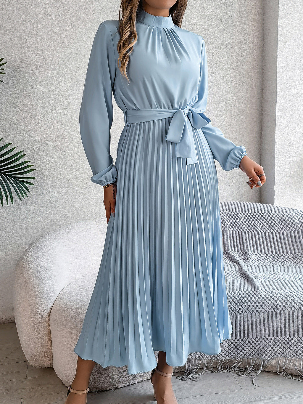 2026 European and American Spring/Summer Elegant Stand Collar Long Sleeve Waist-Cinched Pleated Long Dress Mini Dress Amazon Cross-Border Women's Clothing