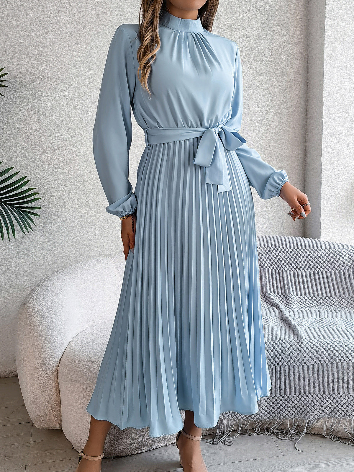 2026 European and American Spring/Summer Elegant Stand Collar Long Sleeve Waist-Cinched Pleated Long Dress Mini Dress Amazon Cross-Border Women's Clothing
