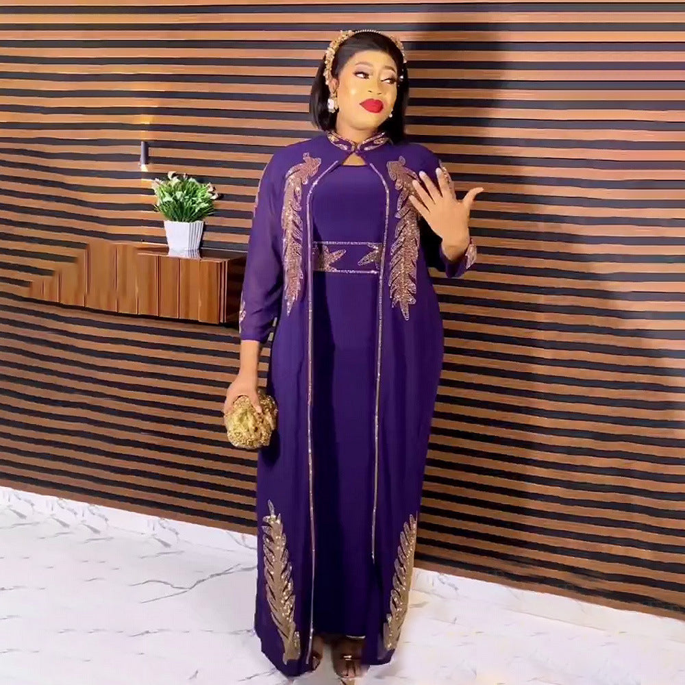 African Dress 2-Piece Set with Expensive Front and Back Rhinestones, Stand Collar, Long Sleeves, Solid Color Cardigan