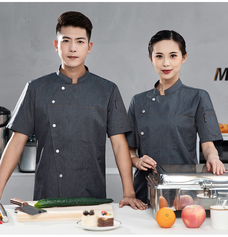 High-End Blue Chef Work Clothes Men's Short-Sleeved Summer Hotel Chef Clothing Women's Breathable Mesh Catering Kitchen Long-Sleeved
