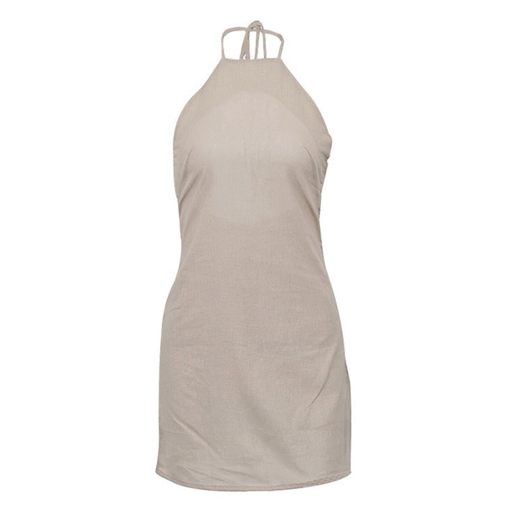 European and American Cross-border Wearing Sexy Hot Girl Women's Skirt Short Backless Cotton and Linen dress Neck Design Lace-up A- line Skirt