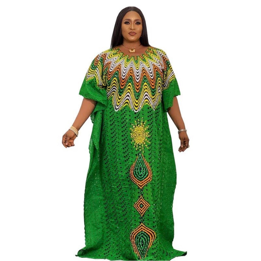 Cross-border supply of African cotton hollow embroidery high-end plus size fashion women's dress clearance