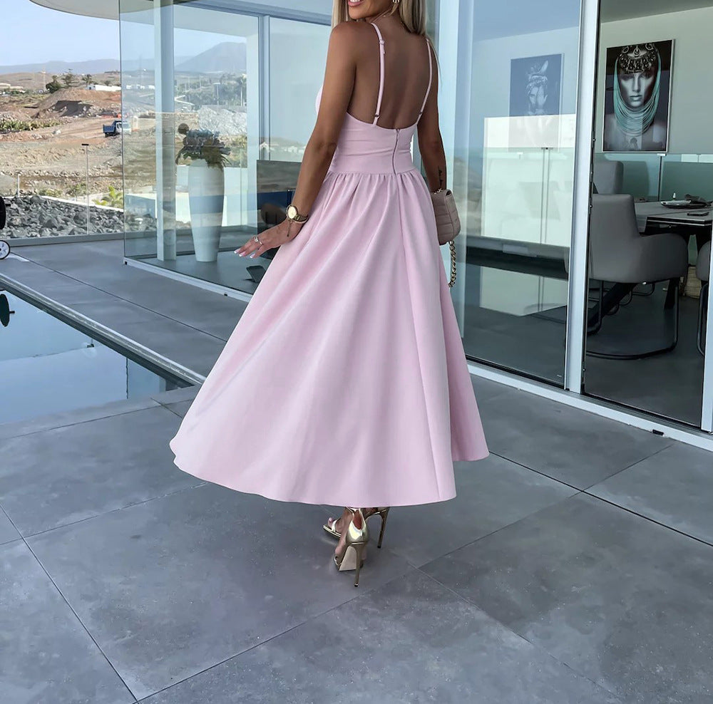 Europe and the United States cross-border foreign trade new women's Amazon suspenders V-neck large pendulum dress slim-fit backless mid-length dress