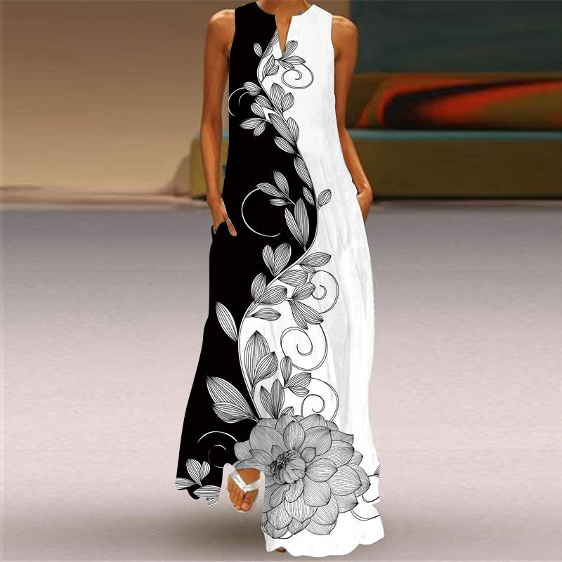 2026 Summer Independent Brand New European and American Retro Print Long Dress V-Neck Multi-Color Long Sexy Sleeveless Dress