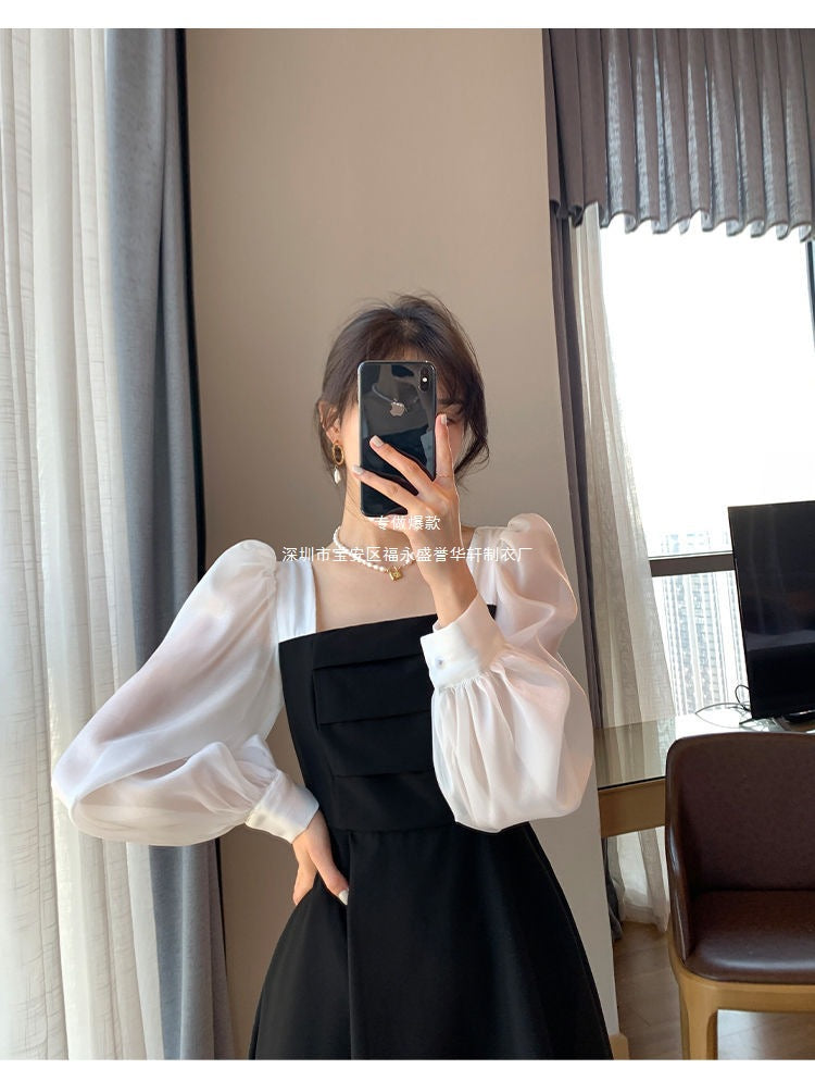 Long-sleeved Black Fried Street Hao Benfeng dress Women's New Spring and Autumn Stitching Square Collar French Skirt Vintage A- line Skirt