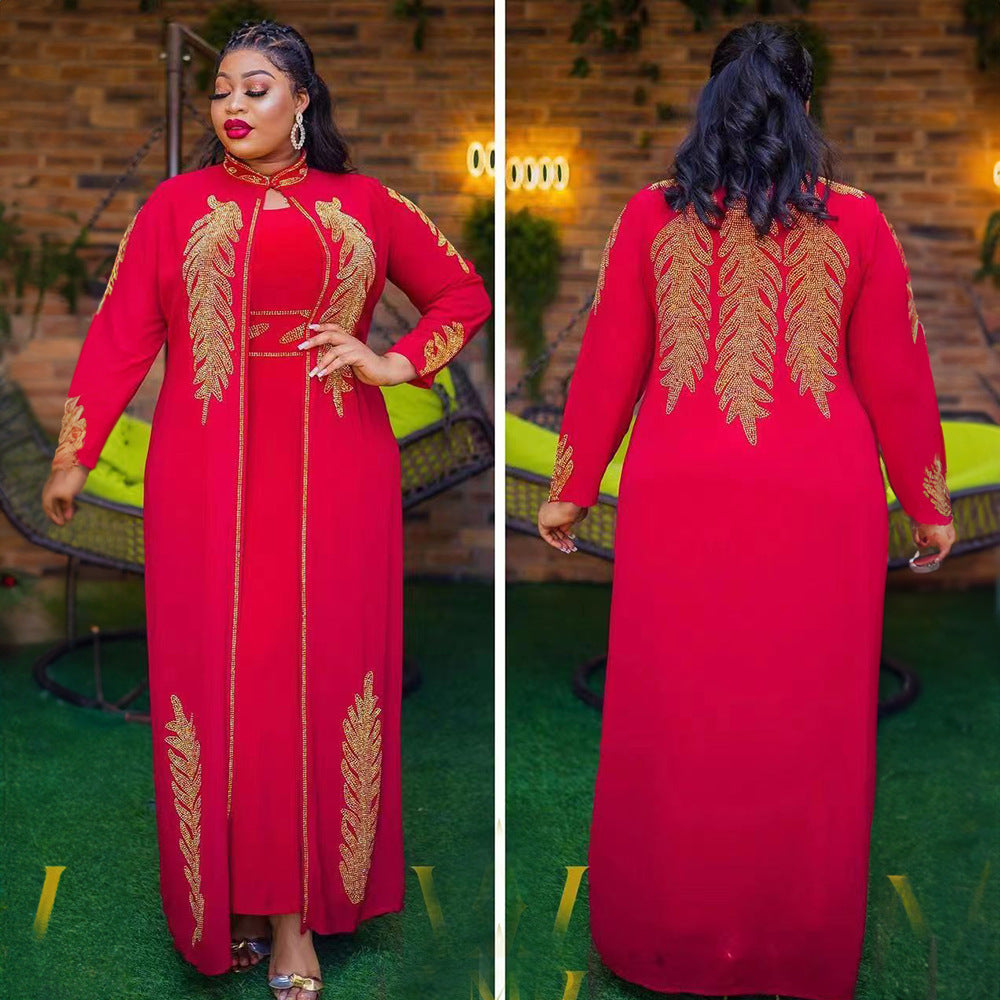 African Dress 2-Piece Set with Expensive Front and Back Rhinestones, Stand Collar, Long Sleeves, Solid Color Cardigan