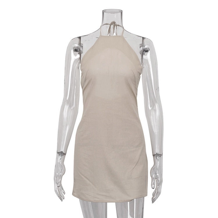 European and American Cross-border Wearing Sexy Hot Girl Women's Skirt Short Backless Cotton and Linen dress Neck Design Lace-up A- line Skirt