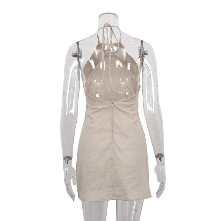 European and American Cross-border Wearing Sexy Hot Girl Women's Skirt Short Backless Cotton and Linen dress Neck Design Lace-up A- line Skirt
