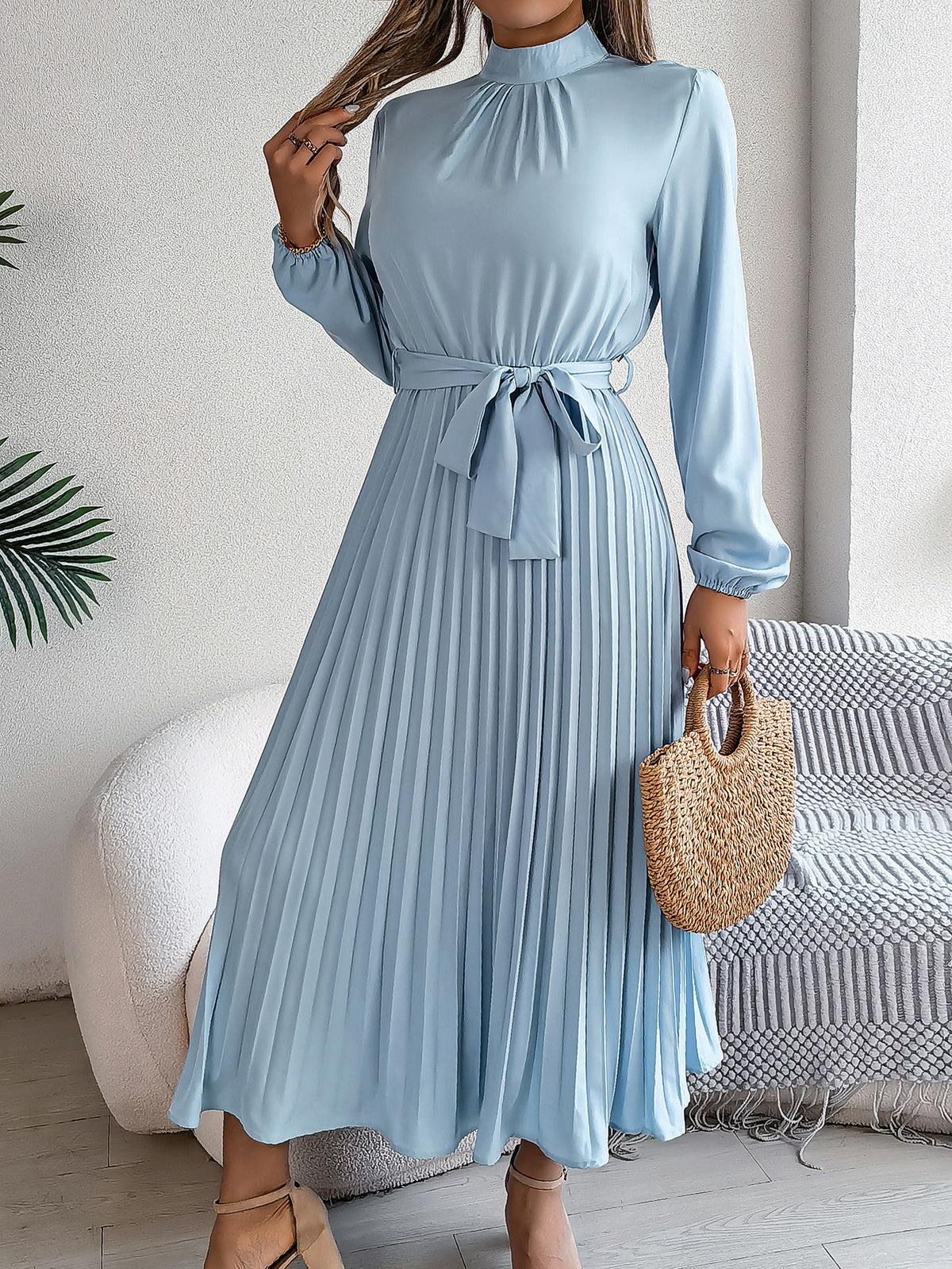 2026 European and American Spring/Summer Elegant Stand Collar Long Sleeve Waist-Cinched Pleated Long Dress Mini Dress Amazon Cross-Border Women's Clothing