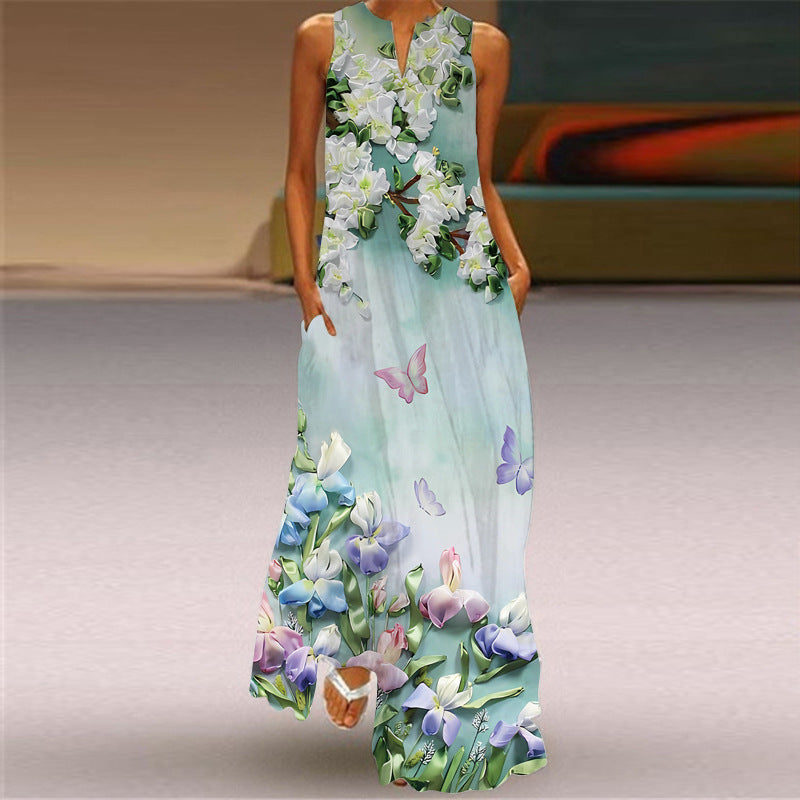 2026 Summer Independent Brand New European and American Retro Print Long Dress V-Neck Multi-Color Long Sexy Sleeveless Dress