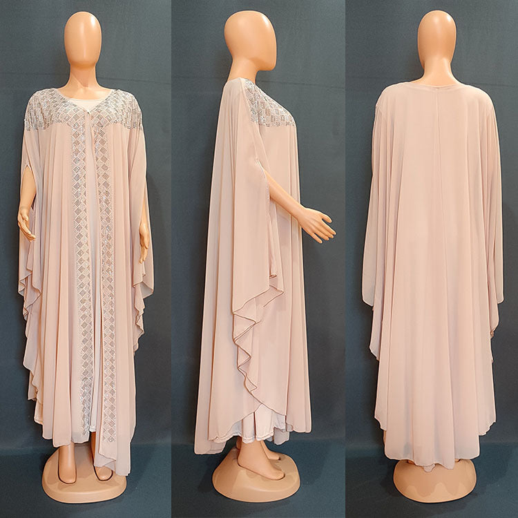 Cross-Border African, European, and American Dresses, Robes, Pearl Chiffon, Heavy-Duty Rhinestone Embellishments, Factory Direct + Inner Skirt