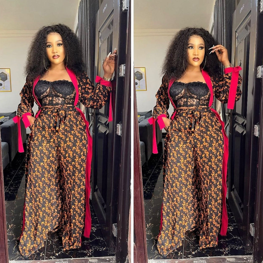 European and American African Digital Print Suit Cape Robe with Printed Loose Wide-Leg Pants and Belt Special Offer