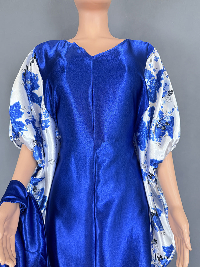 Cross-Border Aliexpress Plus-Size Women's Ethnic Style Robe African Amazon Color-Blocking Printed Dress 9038