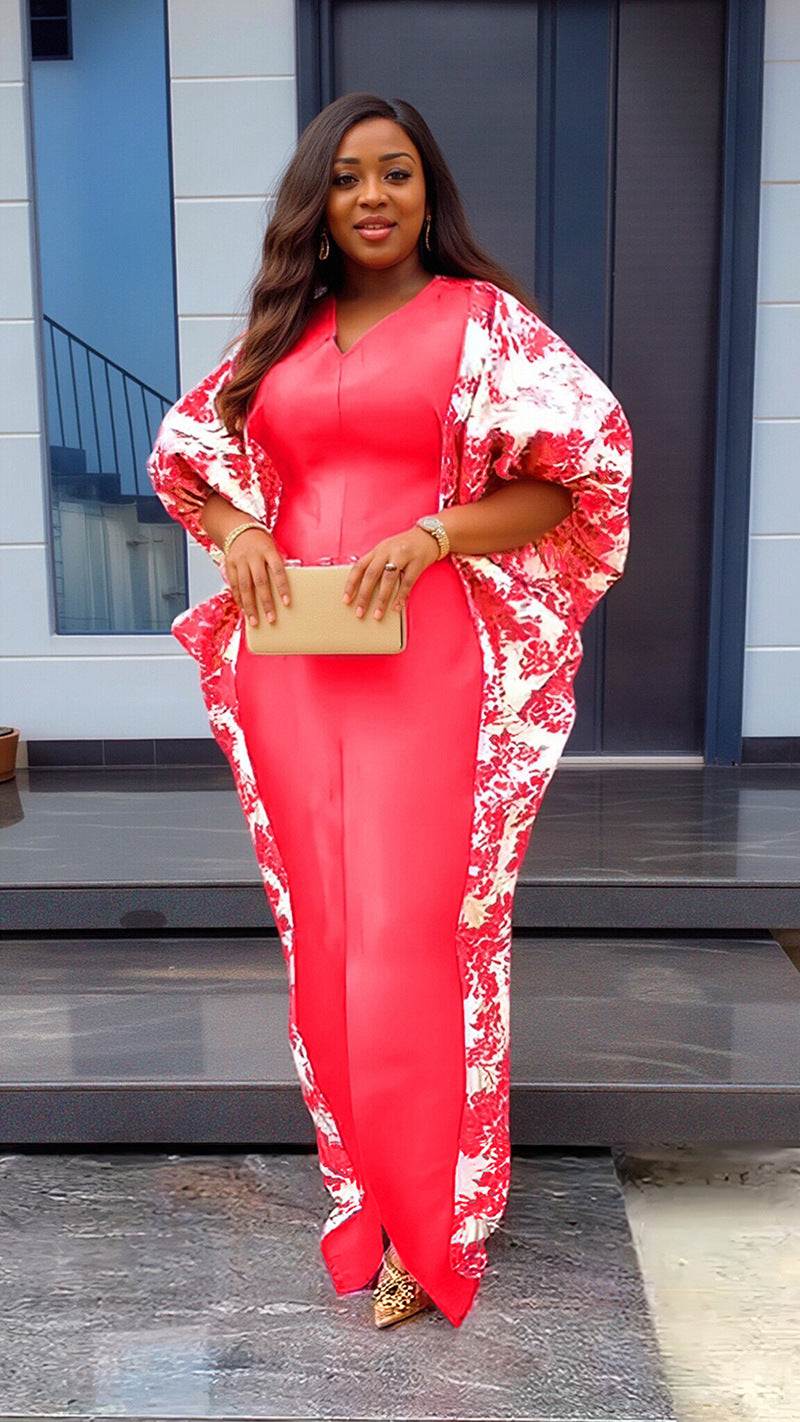 Cross-Border Aliexpress Plus-Size Women's Ethnic Style Robe African Amazon Color-Blocking Printed Dress 9038