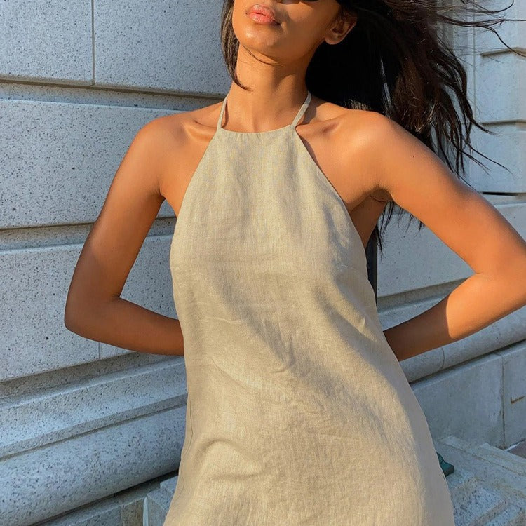 European and American Cross-border Wearing Sexy Hot Girl Women's Skirt Short Backless Cotton and Linen dress Neck Design Lace-up A- line Skirt