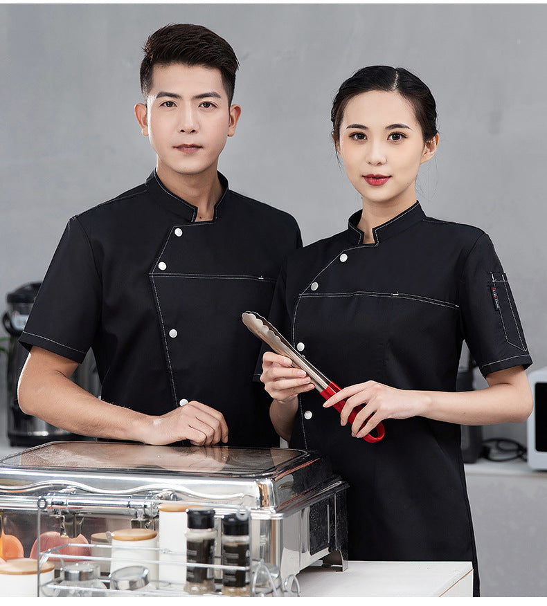 High-End Blue Chef Work Clothes Men's Short-Sleeved Summer Hotel Chef Clothing Women's Breathable Mesh Catering Kitchen Long-Sleeved