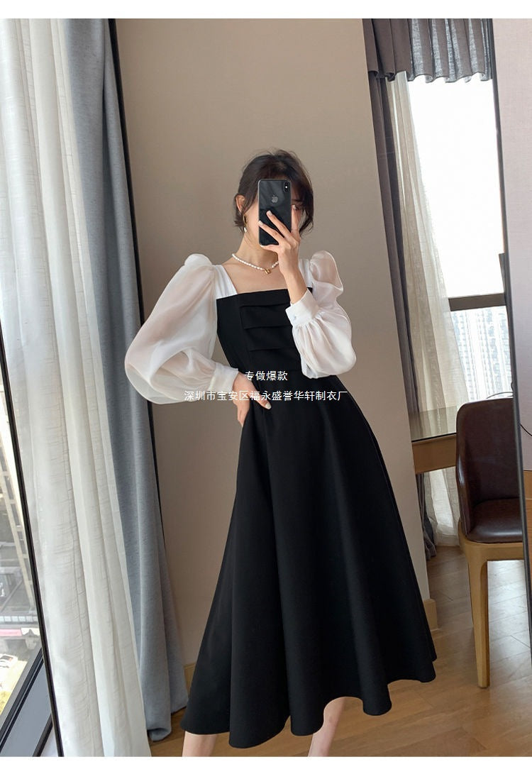 Long-sleeved Black Fried Street Hao Benfeng dress Women's New Spring and Autumn Stitching Square Collar French Skirt Vintage A- line Skirt