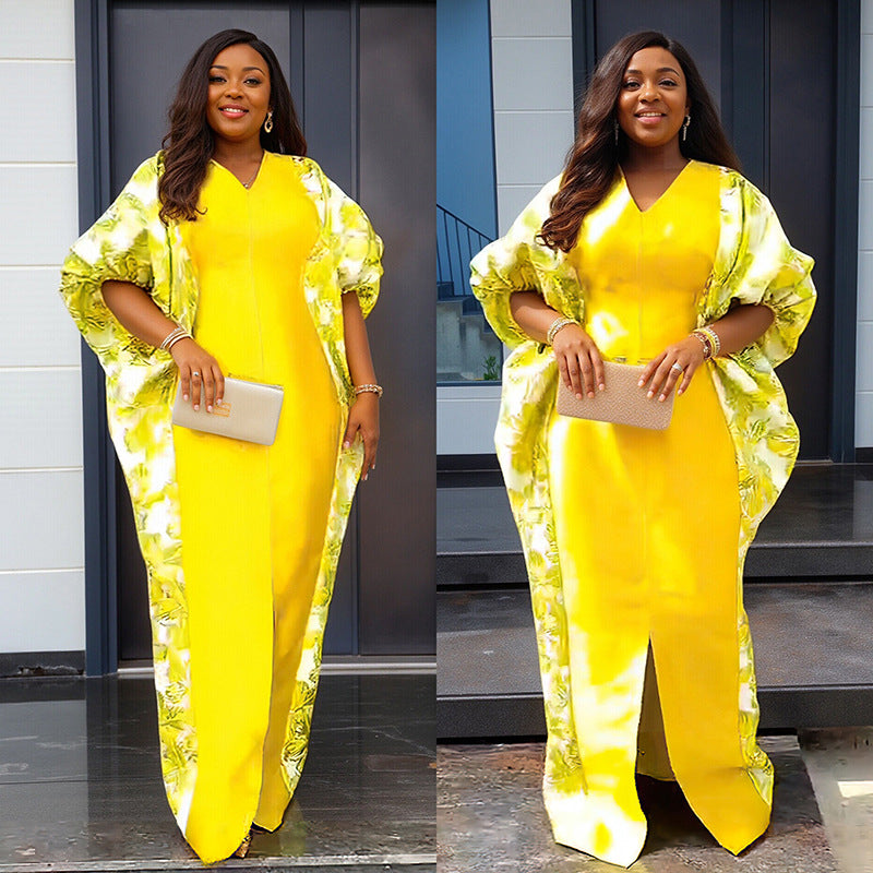 Cross-Border Aliexpress Plus-Size Women's Ethnic Style Robe African Amazon Color-Blocking Printed Dress 9038