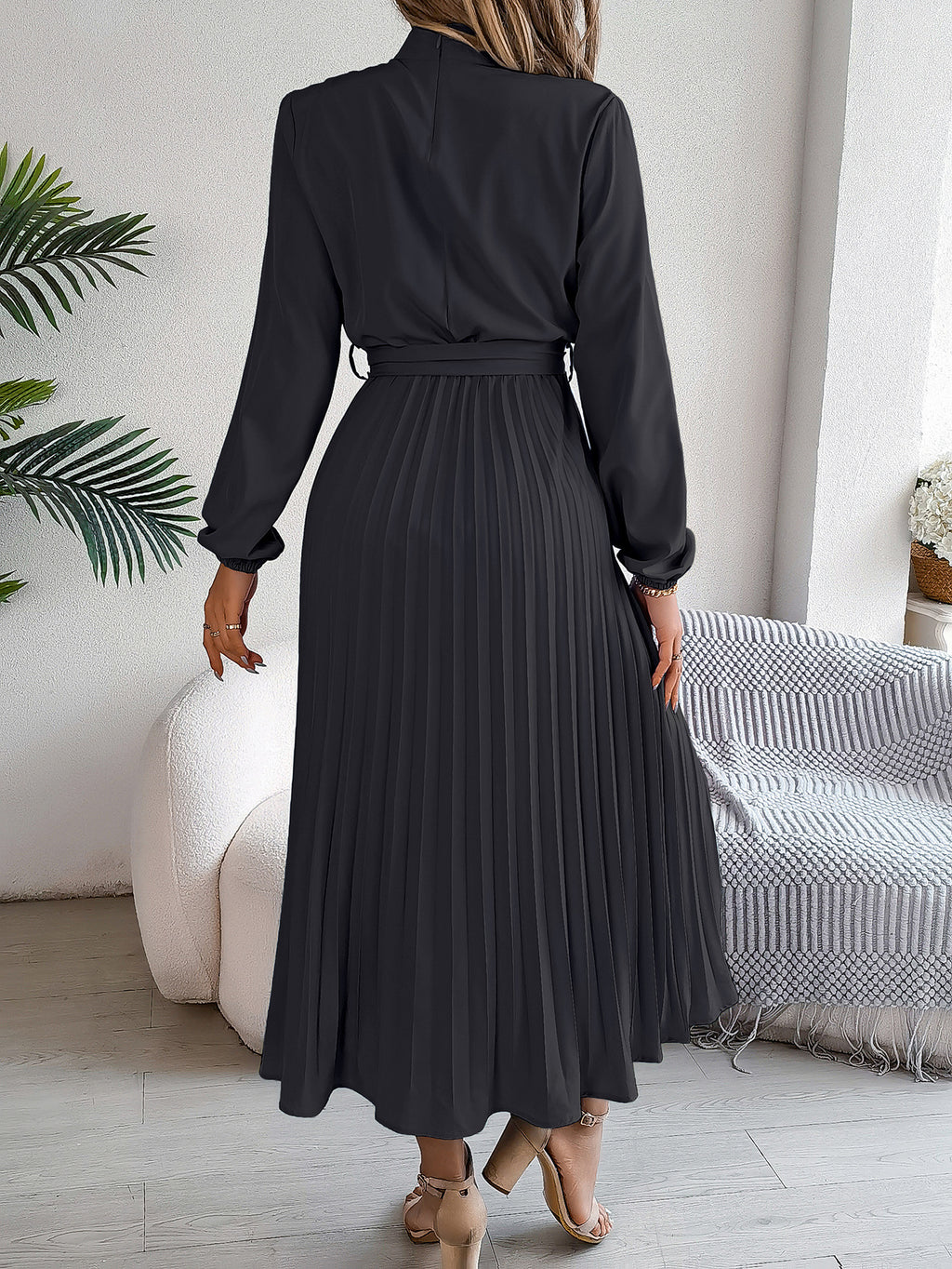 2026 European and American Spring/Summer Elegant Stand Collar Long Sleeve Waist-Cinched Pleated Long Dress Mini Dress Amazon Cross-Border Women's Clothing
