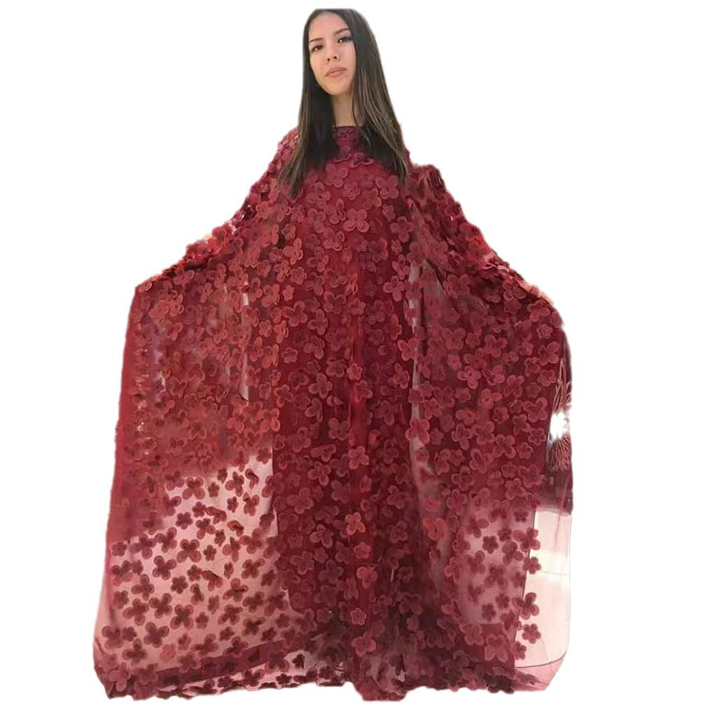 Cross-border source three-dimensional embroidery flower mesh round neck bat sleeve loose plus size robe vest African women's clear