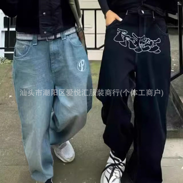 Personalized Retro American Style Street Casual All-Match Jeans for Men and Women Couple Hip-Hop Fashionable High Waist Wide-Leg Trousers