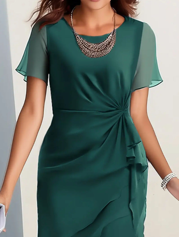 Cross-border independent station new 2025 summer dress stitching chiffon crew neck short sleeve dress