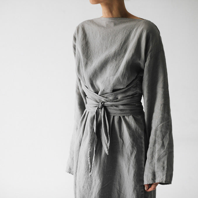 2023 new cotton and linen dress long sleeve off-neck lace-up dress