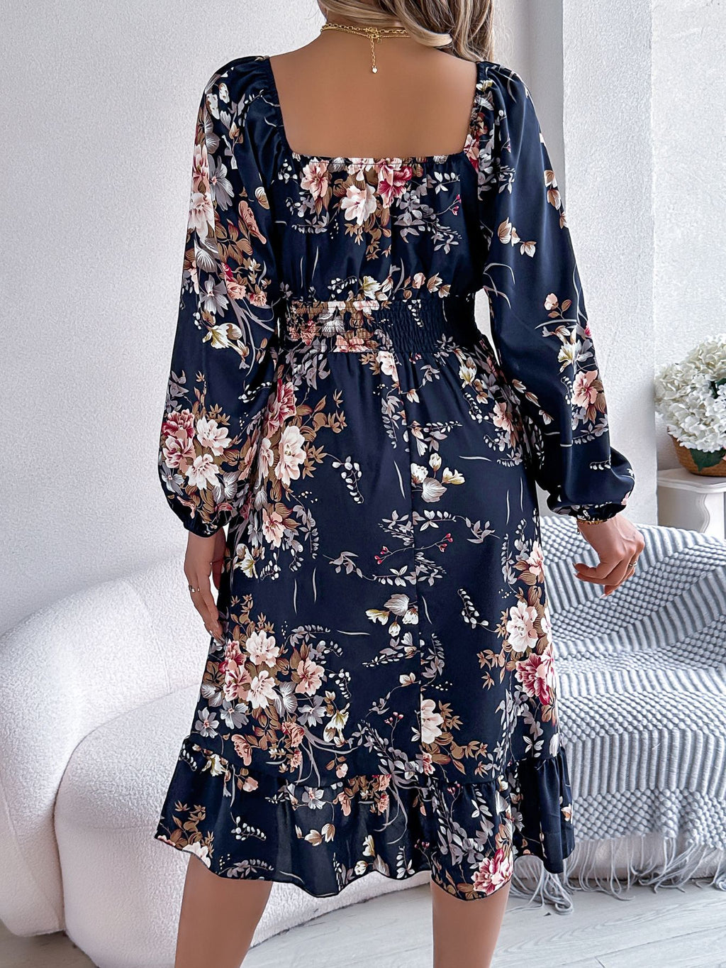 Real shot spring and summer European and American elegant flower square collar long sleeve waist ruffled A- line skirt independent station cross-border women's clothing
