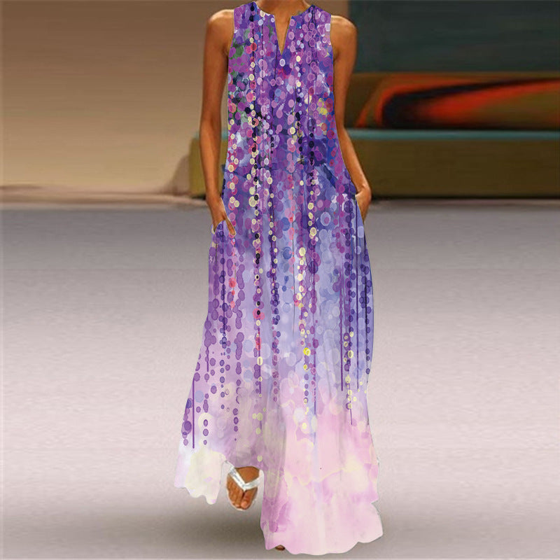 2026 Summer Independent Brand New European and American Retro Print Long Dress V-Neck Multi-Color Long Sexy Sleeveless Dress