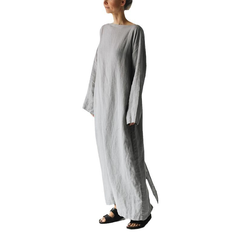 2023 new cotton and linen dress long sleeve off-neck lace-up dress