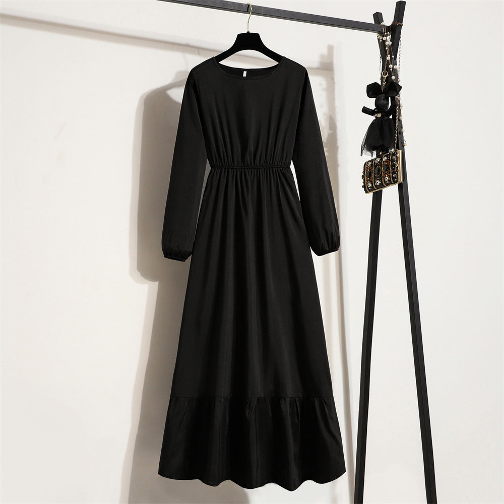 Cross-border Foreign Trade Floral Chiffon Long Dress Women's Spring Dress Long Sleeve Crewneck Base Skirt Waist Slim Long Dress