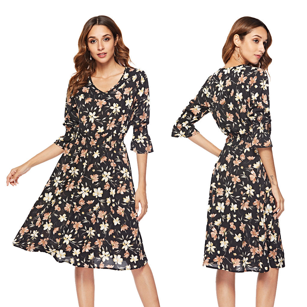 Swintager Cross-border Spring and Summer New Women's Bohemian Beach Dress Chiffon Printed dress Women