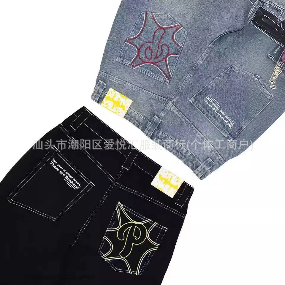 Personalized Retro American Style Street Casual All-Match Jeans for Men and Women Couple Hip-Hop Fashionable High Waist Wide-Leg Trousers