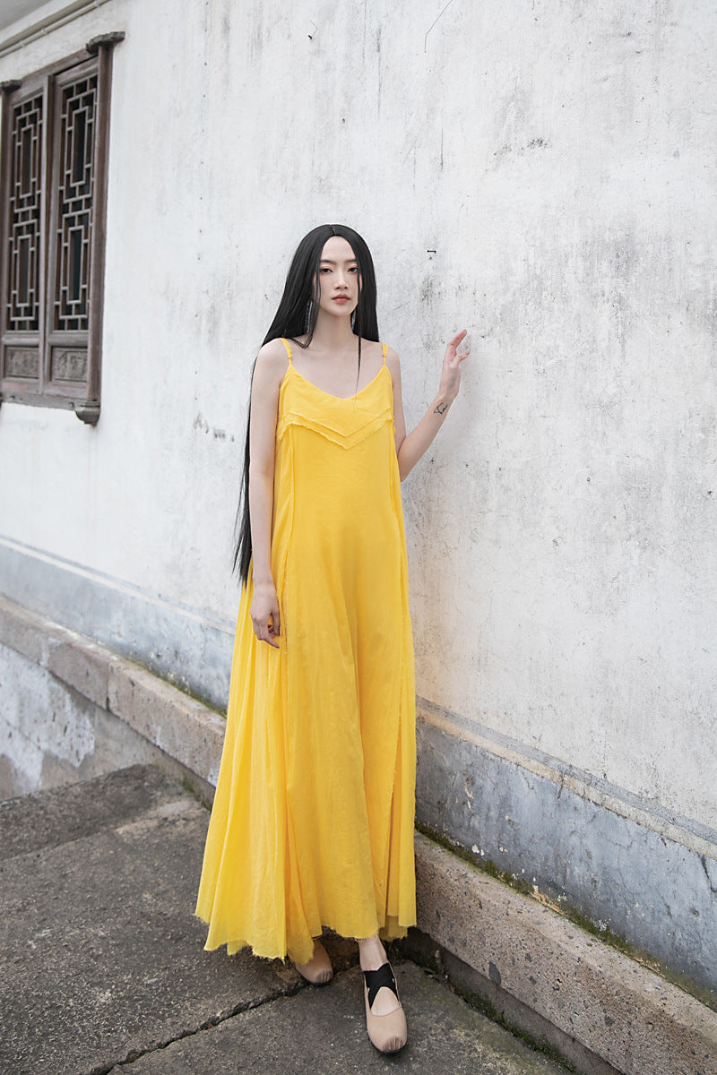 Raw Edge, Large Hem, Pure Cotton, Casual and Flowing Dress in 4 Colors, Artistic Retro High-Quality Cotton and Linen Material Dress