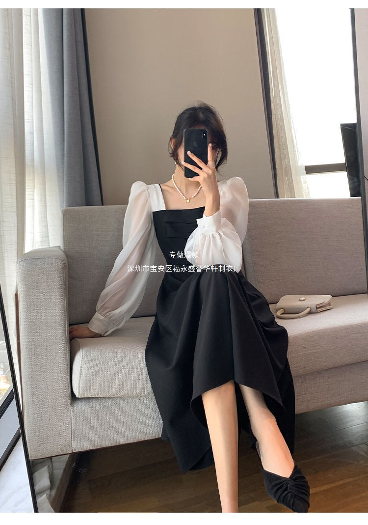 Long-sleeved Black Fried Street Hao Benfeng dress Women's New Spring and Autumn Stitching Square Collar French Skirt Vintage A- line Skirt