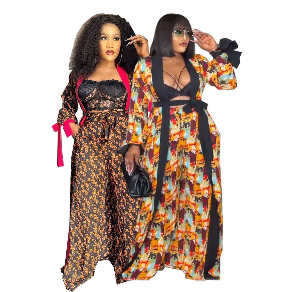 European and American African Digital Print Suit Cape Robe with Printed Loose Wide-Leg Pants and Belt Special Offer